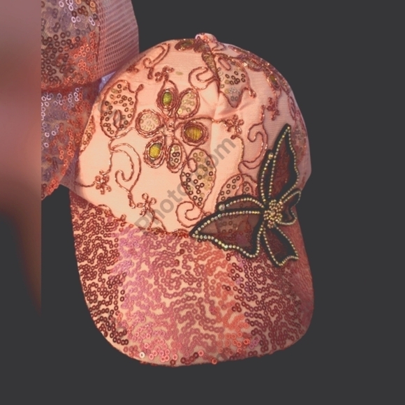 Two hats Pink caps butterfly and faux pearls sequins New - Picture 1 of 12